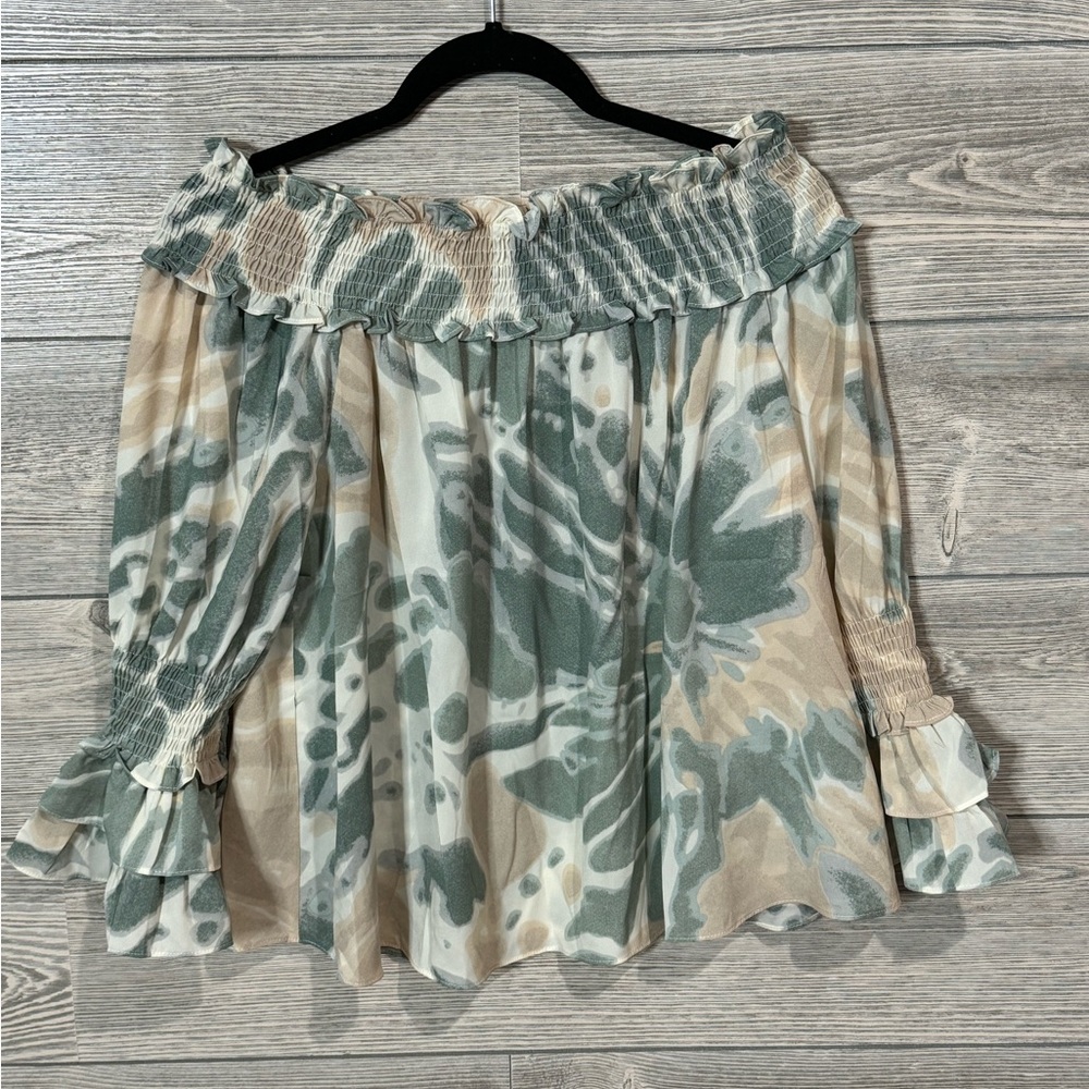 Entro Off-The-Shoulder Blouse, Bell Sleeves, Multi Color Sage/Tan/Cream, Small - Picture 3 of 8